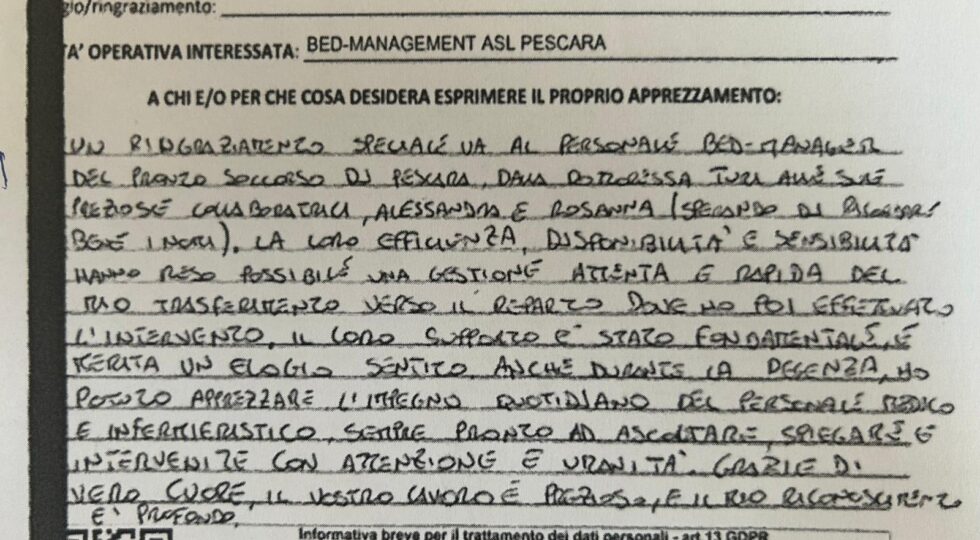 Pescara, lettera di un paziente al Bed Management: “Loro supporto fondamentale, merita elogio”