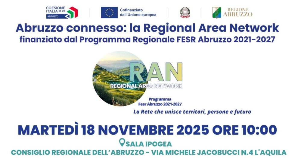 “Abruzzo connesso: la Regional Area Network” martedì a L’Aquila