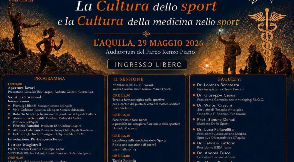 L’Aquila capitale della cultura sportiva: il 29 maggio medici di Juventus, Lazio e Torino al convegno sullo sport etico