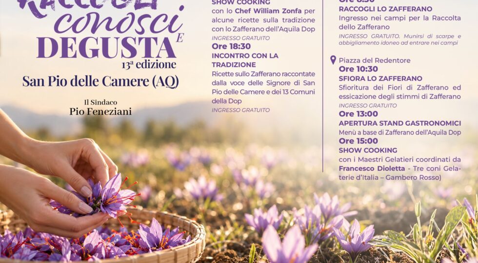 Torna “Raccogli, Conosci e Degusta”: a San Pio delle Camere la 13ª edizione dedicata allo Zafferano dell’Aquila DOP